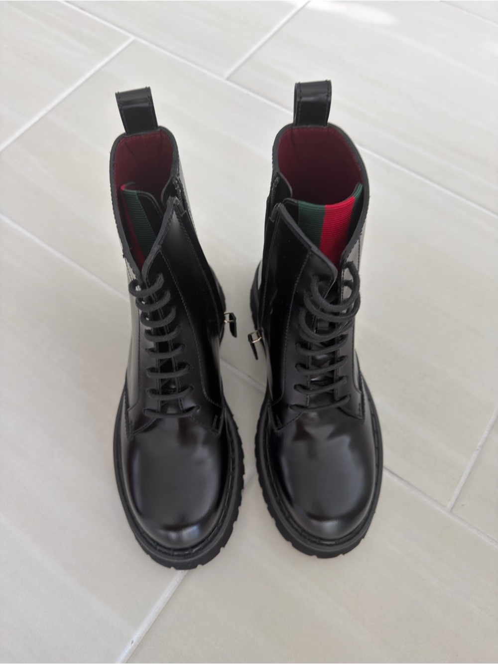 Gucci Black Leather Combat Ankle Boots with Red & Green Webbing